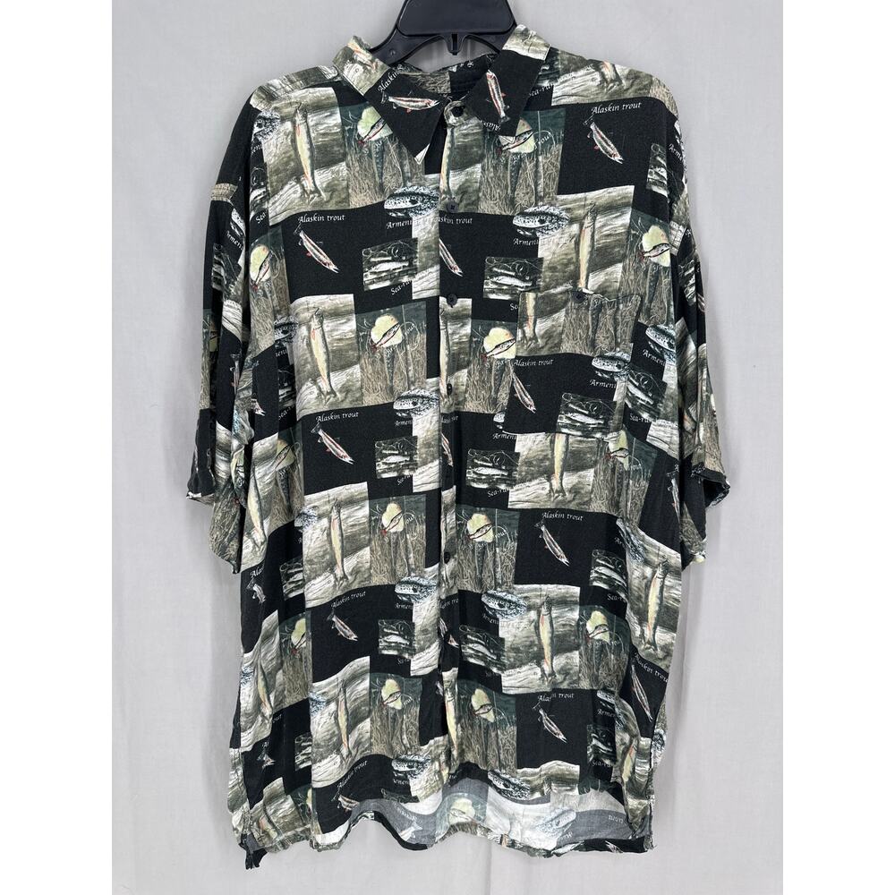 Vintage Fish Print Shirt Mens XXL Green Button Short Sleeve Fishing Trout 90s